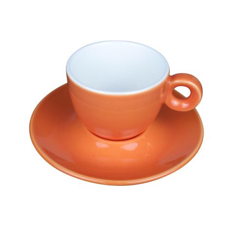 Orangefarbene Kaffeetasse und Untertasse Bola mit Druckoption